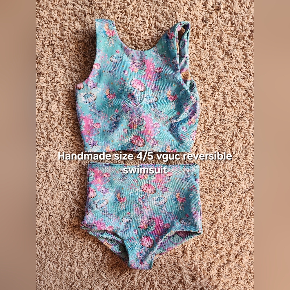 Reversible Kids Two-Piece Swim Set - Aqua with Pink Jellyfish